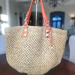 Michael Kors Natural Woven Tote with Coral Handles and Goldtone Charm
